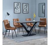 Maldon Grey Ceramic Dining Set - Corona Brown Fabric Dining Chair