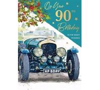 Male 90th Happy Birthday Card - With Vintage Car