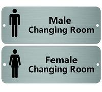 Male and Female Changing Room Signs, Aluminium Twin Pack, 20 x 7.5 cm | Brushed silver door plaques, choose holes centred on short sides or no holes with 4 adhesive stickers, UK made