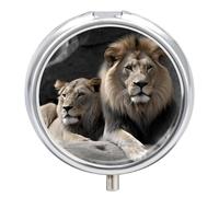 Male and Female Lions Pill Box Cute Round Pill Case Portable Medicine Tablet Vitamin Holder Organizer for Purse Pocket