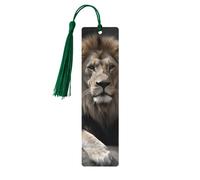 Male and Female Lions Wooden Bookmarks 5 Pcs,Handmade Double-Sided Printed Book Marks Page Markers with Dark Green Tassels Book Accessories Gift for Book Lovers Women Men