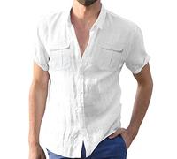 Male Casual Solid Top Shirt Double Pockets Short Sleeve Elegant Turn-Down Collar Shirt Button Formal Shirt Long Sleeve Tunic Men White