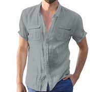 Male Casual Solid Top Shirt Double Pockets Short Sleeve Elegant Turn-Down Collar Shirt Button Formal Shirt 9 10 (Grey, L)