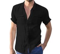 Male Casual Solid Top Shirt Double Pockets Short Sleeve Elegant Turn-Down Collar Shirt Button Formal Shirt Long Sleeve Tunic Men Black