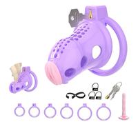 Male Chastity Cage Cock Cage with Soft Silicone Head 6 Cock Rings, Lightweight Penis Lock Device for Male Long-Term Bondage Play, Chastity Belt & Invisible Lock Adult BDSM Sex Toys