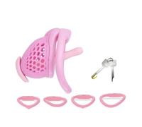Male Chastity Cage Embedded Small Lock with Soft Silicone Catheter and 4 Size Cock Rings Adult Abstinence Sex Toys(Pink-Nano-P-Tube)