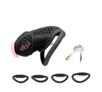 Male Chastity Cage Embedded Small Lock with Soft Silicone Catheter and 4 Size Cock Rings Adult Abstinence Sex Toys(Black-Standard-PTube)