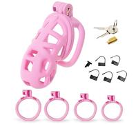 Male Chastity Cage Kit for Beginners Breathable ABS Cock Cage with 4 Adjustable Rings (42-52mm), Steel & Numbered Locks Lightweight BDSM Bondage Chastity Device for Long Term Wear (Pink Small)