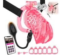 Male Chastity Cage with Vibrator - Penis Cage with 6 Sizes of Rings & Straps, 10 Vibration Modes, App Control, Lightweight Hollow & Breathable Design, Chastity Device for Men (Pink)