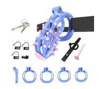 Male Chastity Device Teasing Lock Chicken cage Penis Trainer with Elastic Band and 4 Moving Rings A211-uk (Blue:XL)