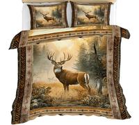 Male Deer Duvet Cover King, Wildlife Wild Animal Bedding Bed Set, White-Tailed Deer In Fall Country Log Cabin Forest Quilt Covers 230X220cm with Zipper & Ties, 2 Pillowcases