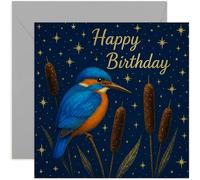 Male Happy Birthday Card for Him, Navy and Gold Kingfisher Bird Design, 40th 50th 60th 70th 80th, For Dad Brother Son Nephew Uncle Grandad, Blank Inside with Envelope