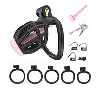 Male Honeycomb Chastity Cage with 5 Arc Rings and Urethral Tube, Black, Male Interesting Chastity Devices -UKGA37Z (D4B, A:Same &Cheaper)