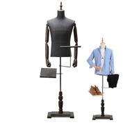Male Mannequin Torso Dress Form, Clothing Display Racks, Mannequin Body with Detachable Shoe Holder Pants Rack, Men's Torso Display Stand with Retro Wooden Arms, for Sewing(Gray,Square board)