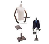 Male Mannequin Torso Dress Form, Men's Suit Display Stand with Stand Solid Wood Arm, Detachable Shoe Holder and Pants Rack, Tall Adjustable Mannequin Body for Market Window Display(White,Square board)