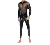 Male Mesh Patchwork Jumpsuit Role Playing M Zipper Tight And Sexy Bouncing Dress (Black, XL)
