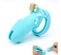 Male Penis Cage Chastity Belt, BDSM Bondage Silicone Chastity Cage Chastity Device with 4 Different Sizes Cock Rings Sex Toys for Men (Blue Long)