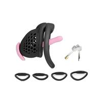 Male Pink Chastity Cage Embedded Small Lock with Soft Silicone Catheter and 4 Size Cock Rings Adult Abstinence Sex Toys Black S-Nano