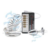 Male Ring Hollow Metal Chastity Cage Chastity Toy Bullet Butt Plug Jewelry Base Shock Set