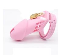 Male Silicone Chastity Device Cock Cage Sex Toys with 5 Penis Ring Adult Belt Brass Lock Standard/Short Cage Pink L
