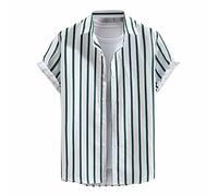 Male Summer Holiday Top Shirt Stripe Print Top Shirts Short Sleeve Turn Down Collar Button Elegant Shirt Mens T Shirt Cotton Green