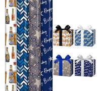 Male Theme 4 x 3M Birthday Wrapping Paper Rolls for Men, Premium Quality, Bold & Stylish Gift Wrapping Paper for Birthdays, Celebrations & Special Occasions - ANGIX