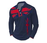 Male UK Flag Jack Print Casual Business Raglan Long Sleeve Button Lapel Print Festive Celebration Top, navy, XXL