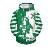 Male Winter Christmas Hooded Long Sleeve Sweatshirt Humorous Design All-Over Print Practical Pockets Ideal for Cold Days Festive Occasions, Green, S