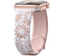 Maledan Floral Engraved Strap Compatible with Apple Watch Straps 45mm 44mm 42mm 46mm 49mm Women, Two-Tone Flower Soft Silicone Sport Band for iWatch SE Series 11 10 9 8 7 6 5 4 3 2 1 Ultra, White/Pink