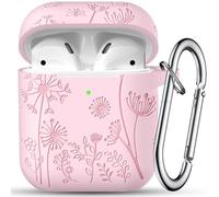 Maledan Flower Engraved Case Compatible with AirPods Case Cover, Cute Soft Silicone Shockproof Protective Case for Airpods 2nd & 1st Generation with Carabiner [LED Visible] for Women,A-Pink