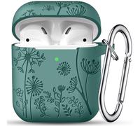 Maledan Flower Engraved Case Compatible with AirPods Case Cover, Cute Soft Silicone Shockproof Protective Case for Airpods 2nd & 1st Generation Case with Carabiner [LED Visible] for Women,A-PineGreen