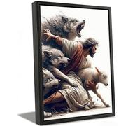 MALEDO Black Framed Jesus and Lamb Canvas Wall Art Jesus Saves the Lost Sheep Christian Picture Wall Decor Shepherd Protect a Lamb from Wolves Painting Poster Print Artwork for Living Room Church