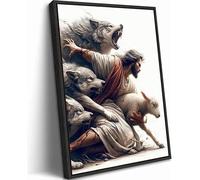 MALEDO Black Framed Jesus and Lamb Canvas Wall Art Jesus Saves the Lost Sheep Christian Picture Wall Decor Shepherd Protect a Lamb from Wolves Painting Poster Print Artwork for Living Room Church