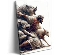 MALEDO Jesus and Lamb Canvas Wall Art Jesus Saves the Lost Lamb Picture Wall Decor Jesus Protect a Lamb from Wolves Painting Print Christian Poster Artwork for Living Room Bedroom Church Home Decor
