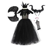 Maleficent Costume for Kids Girls, Evil Queen Fancy Dress Up Black Princess Tutu Dress Horns Accessories Child Magic Wizard Halloween Carnival Cosplay Masquerade Outfit #Black+Wing（5pcs） 6-7 Years