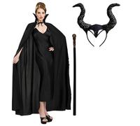 Maleficent Costume Women Adult Halloween Carnival, Black Maleficent Horn Maleficent Wing Black Maleficent Staff for Devil Evil Queen
