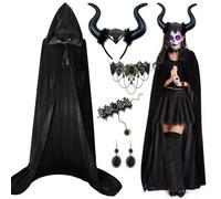 Maleficent Women's Costume, 170 cm Devil Cape, Devil Horns Headband, Gothic Lace Accessories, Black Halloween Velvet Cape, Vampire Cape with Hood, Devil Cape, Carnival, Cosplay Costume for Women