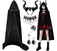 Maleficent Women's Costume, 170 cm Devil Cape, Devil Horns Headband, Gothic Lace Accessories, Halloween Velvet Cape Black Maleficent Cape with Hood, Devil Cape Carnival Cosplay Costume