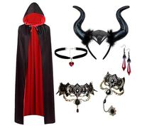 Maleficent Women's Costume, 170 cm Devil Cape, Devil Horns Headband, Gothic Lace Accessories, Halloween Velvet Cape Black Red Maleficent Cape with Hood, Devil Cape Carnival Cosplay Costume