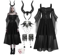 Maleficent Women's Costume - Gothic Halloween Dress Costume - Maleficent Horns - Gothic Jewellery Necklace and Bracelets - Medieval Tied Waist Witch Costume for Women Halloween Carnival Cosplay