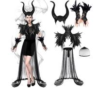 Maleficent Women's Halloween Costume Women's Headband with Demon Horn, Queen Horns Feather Collar Gothic Vampire Cape Tulle Skirt Long, Devil Horns Costume for Women Halloween Masquerade Cosplay Party