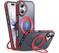 MALEWOLF Ring Stand for iPhone 17 Pro Case, Magnetic Phone Case Compatible with MagSafe, Military-Grade Drop Protection Slim Thin Cover, Anti-Slip & Scratch-Resistant Translucent Back (Black/Red)