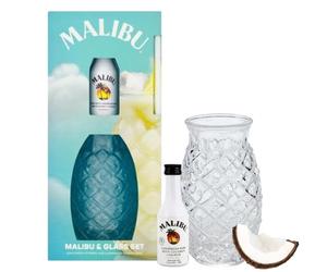 Malibu Coconut Rum Gift Set - 5cl Miniature 18% ABV with Pineapple-Shaped Glass - Tropical Coconut Liqueur Gift by Blue Tree Gifts