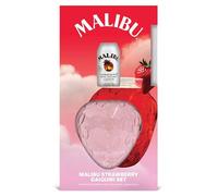 Malibu Original White Rum with Coconut Flavour 5cl (18% ABV), Strawberry Shaped Glass and Straw Gift Set. By Blue Tree Gifts.
