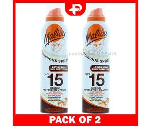 Malibu SPF 15 Lotion Aerosol Medium Protection UVA/UVB Continuous Spray 2 Packs