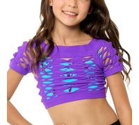 Malibu Sugar Girls Neon Fishnet Crop Top Shirt - Short Sleeve Sheer See Through Mesh Tops Perfect for Dance (Fits Ages 7-14)
