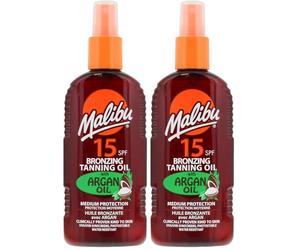 Malibu Sun SPF 15 Bronzing Tanning Argan Oil Spray with Medium Protection, Water Resistant, Tropical Scent, 200ml (Pack of 2)