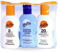 Malibu Sun Travel Essentials with Medium and Low Suncream Protection and Soothing Aftersun Lotion, Water Resistant, SPF 8 and 20, Multipack, 3 x 100ml