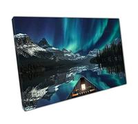 Maligne Lake Jasper National Park Canada Canoeing Under The Aurora Borealis Wall Art Print On Canvas Picture For Home Office Decor 61x41cm (24x16In)