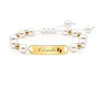 Malihome Personalized Baby Bracelet Adjustable Size White Pearl Beaded Bracelets with Custom Engraved Name/Text Stainless Steel plated Gift for Baby Baptism Toddler New Mom (Gold)